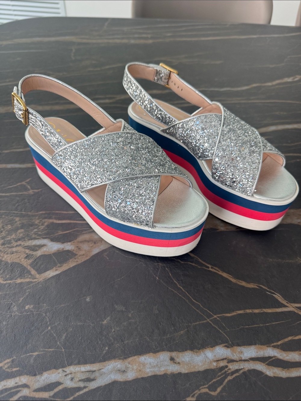 GUCCI Silver Glitter Platform Sandals with Striped Wedge
